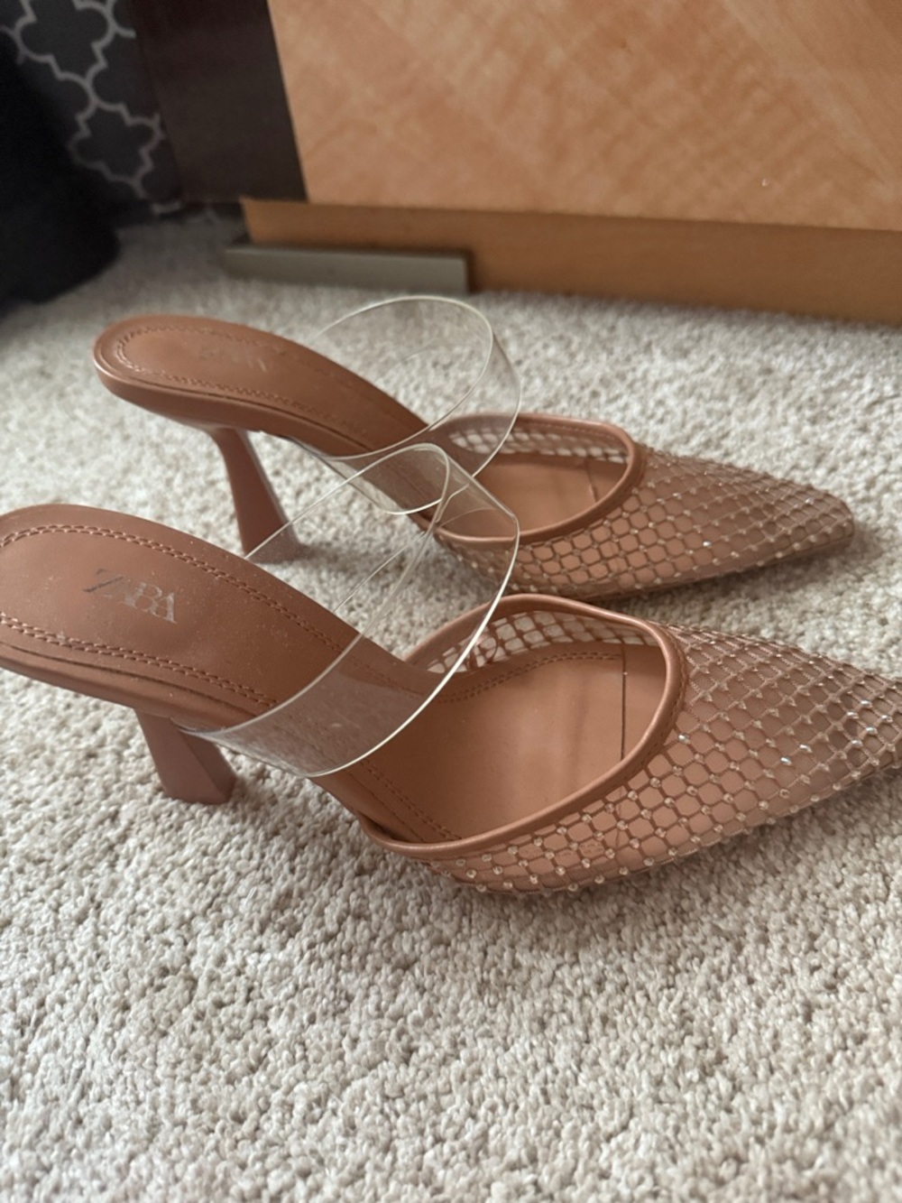 ZARA Tan Mesh Pointed Mules with Clear Strap